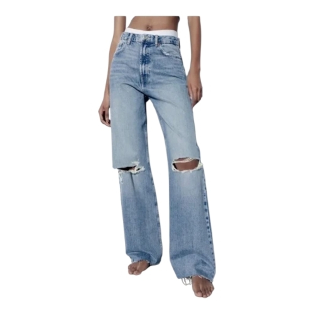 Zara Light Blue Distressed High Waist Wide Leg Jeans Size 2